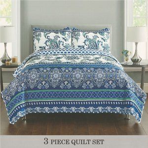 3 Piece Quilted Bedspread Set - Vines & Flowers - Blue, Green & White